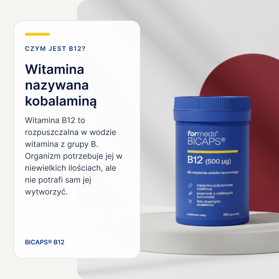 Karta: witamina nazywana kobalaminą, słoik Bicaps B12 na jasnym tle